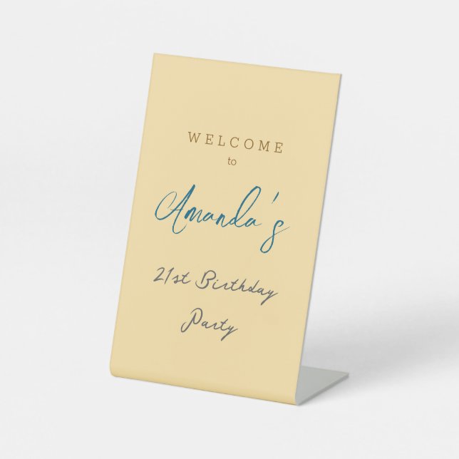 Minimalist Modern Cute Birthday Party Beige Pedestal Sign (Front)