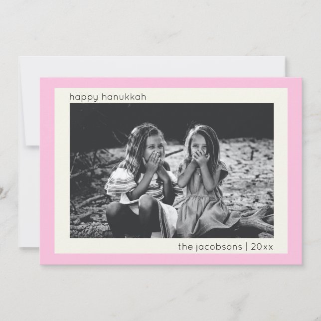 Minimalist Modern Cute Pink Hanukkah Photo Holiday Card (Front)