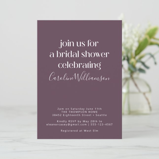 Minimalist Modern Dark Purple Bridal Shower Invitation (Standing Front)