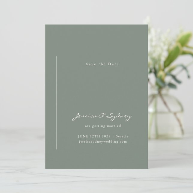 Minimalist Modern Dark Sage Green Script Wedding Save The Date (Standing Front)