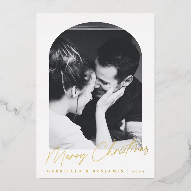 Minimalist Modern Elegant Arch Photo Christmas Foil Holiday Card (Front)