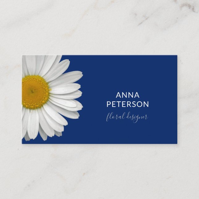 Minimalist Modern Elegant Daisy Flower Royal Blue Business Card (Front)