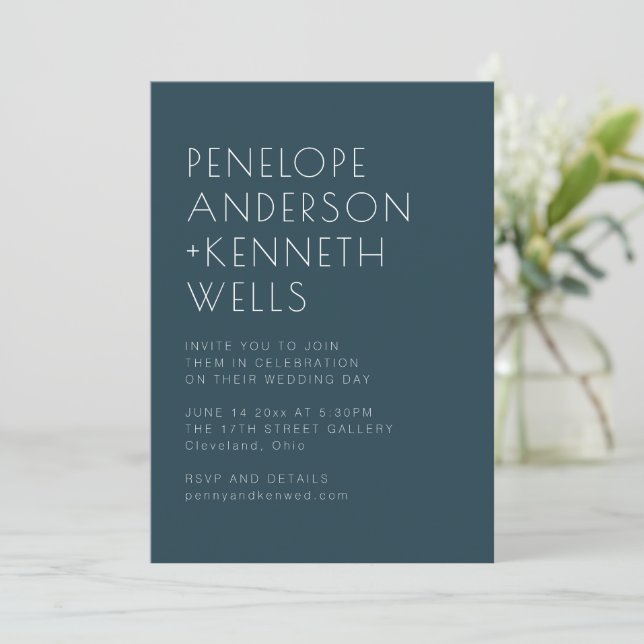 Minimalist Modern Elegant Dark Teal Wedding Invitation (Standing Front)