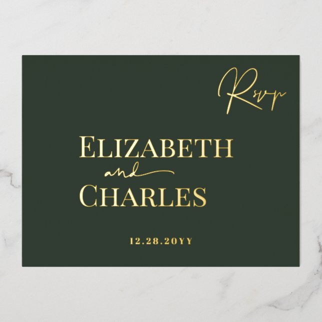 Minimalist Modern Elegant Green Gold Wedding RSVP Foil Invitation Postcard (Front)