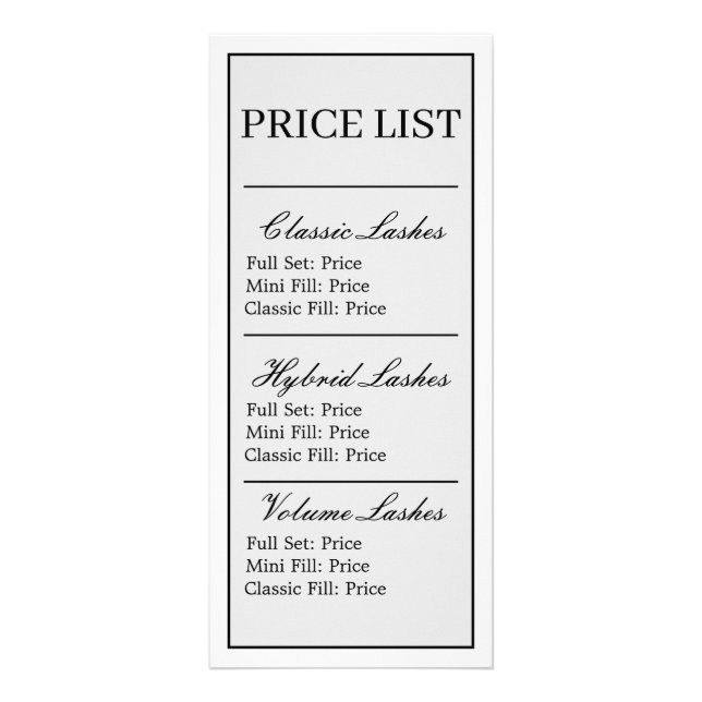 Minimalist Modern Elegant Lash Artist Price List  Rack Card (Front)