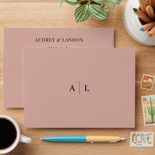 Minimalist Modern Elegant Monogram Rosy Wedding Envelope (Desk)