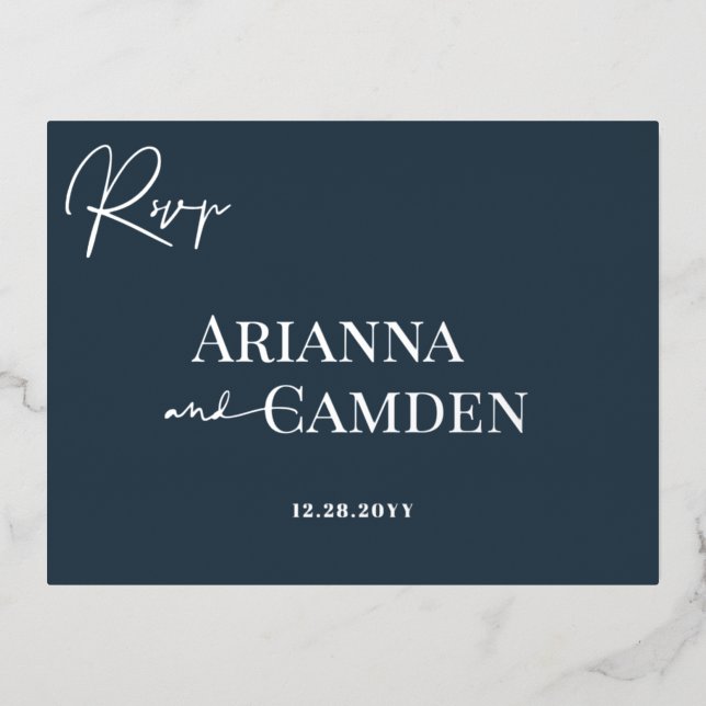 Minimalist Modern Elegant Navy Blue Silver RSVP Foil Invitation Postcard (Front)