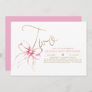 Minimalist Modern Elegant Pink Bow 2nd Birthday Invitation
