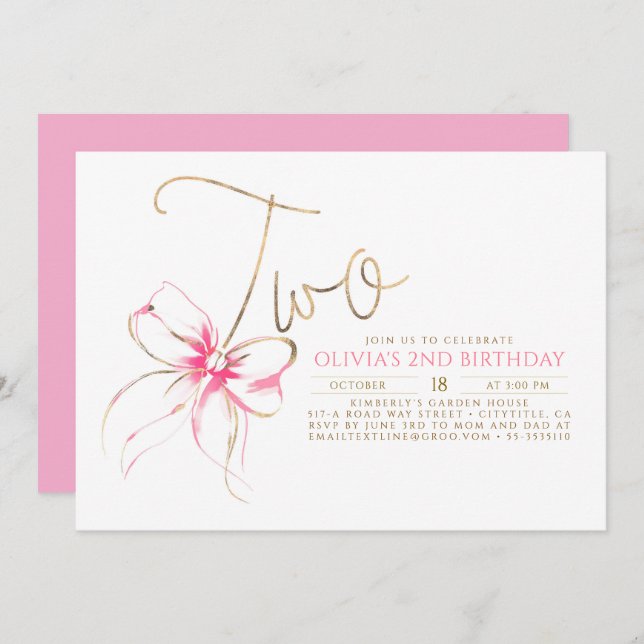 Minimalist Modern Elegant Pink Bow 2nd Birthday Invitation (Front/Back)