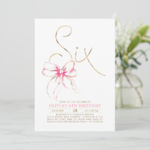Minimalist Modern Elegant Pink Bow 6th Birthday Invitation