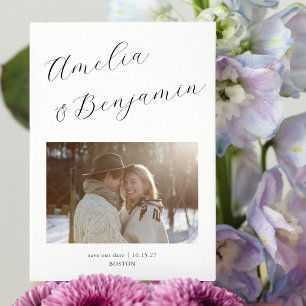 Minimalist Modern Elegant Script Calligraphy Photo Save The Date