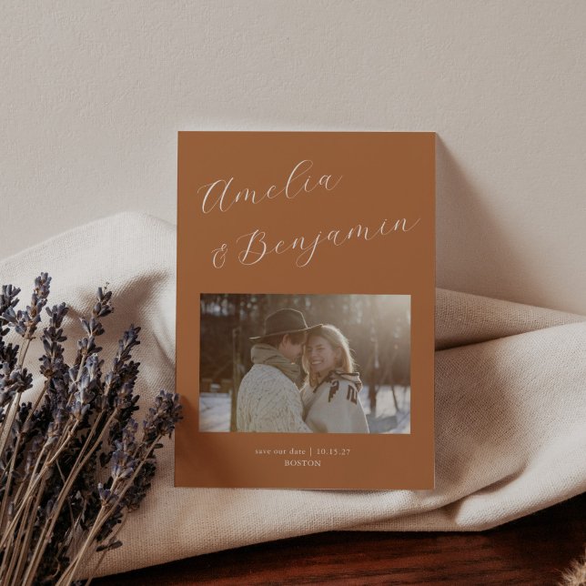 Minimalist Modern Elegant Script Terracotta Photo Save The Date (Creator Uploaded)