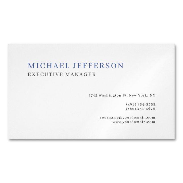 Minimalist Modern Elegant Simple Blue White Magnetic Business Card (Front)