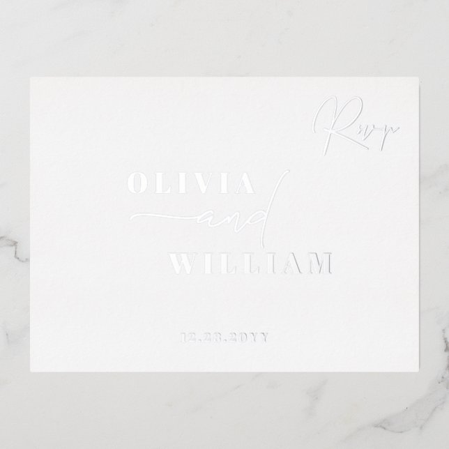 Minimalist Modern Elegant White Silver RSVP Foil Invitation Postcard (Front)