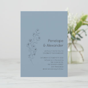 Minimalist Modern Floral Sketch Dusty Blue Wedding Invitation