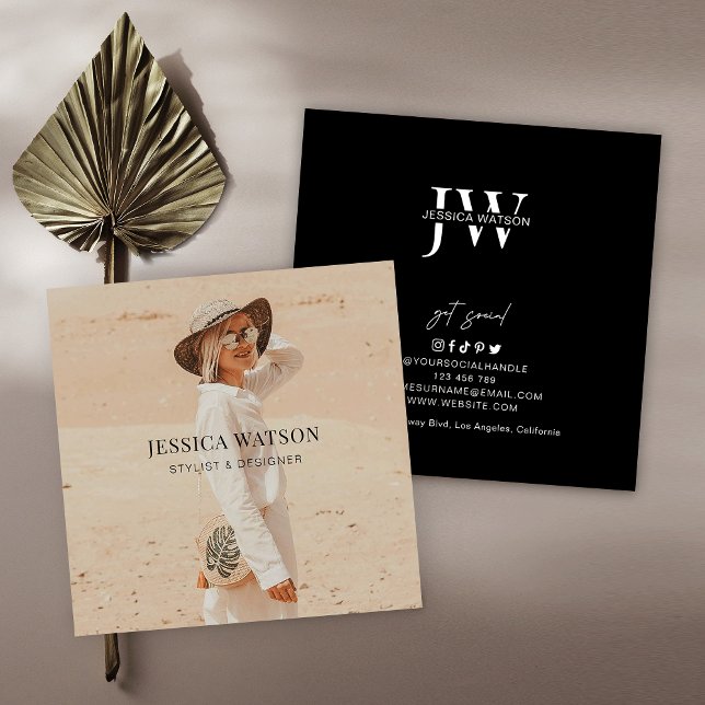 Minimalist Modern Full Photo Photographer Black Square Business Card (Creator Uploaded)