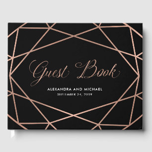 Minimalist Modern Geometric Faux Rose Gold   Black Guest Book