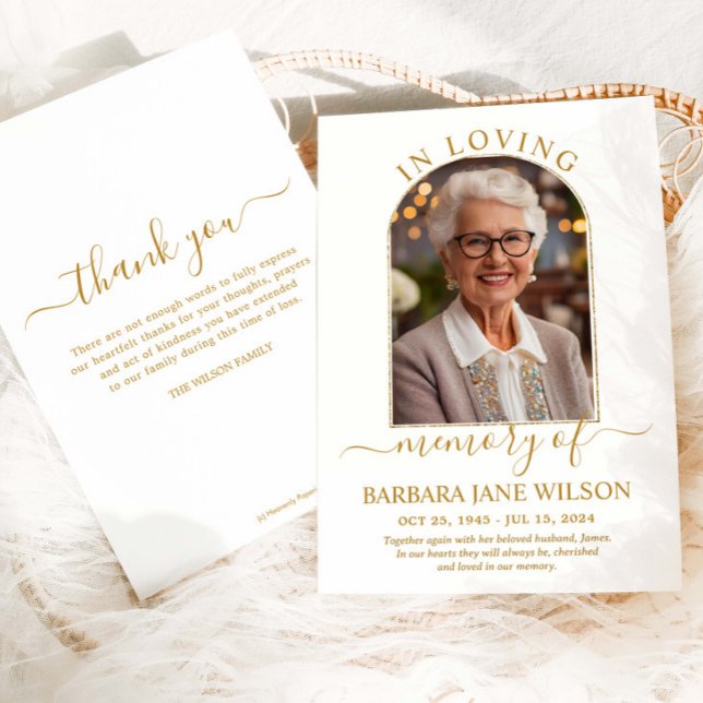 Minimalist Modern Gold Arch Photo Funeral Memorial Thank You Card (Creator Uploaded)