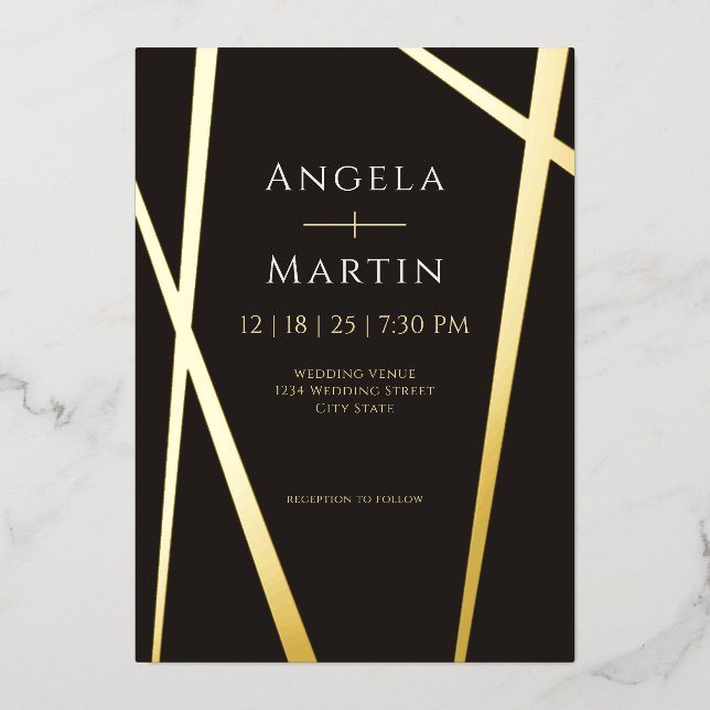 Minimalist Modern Gold Black Foil Invitation (Front)