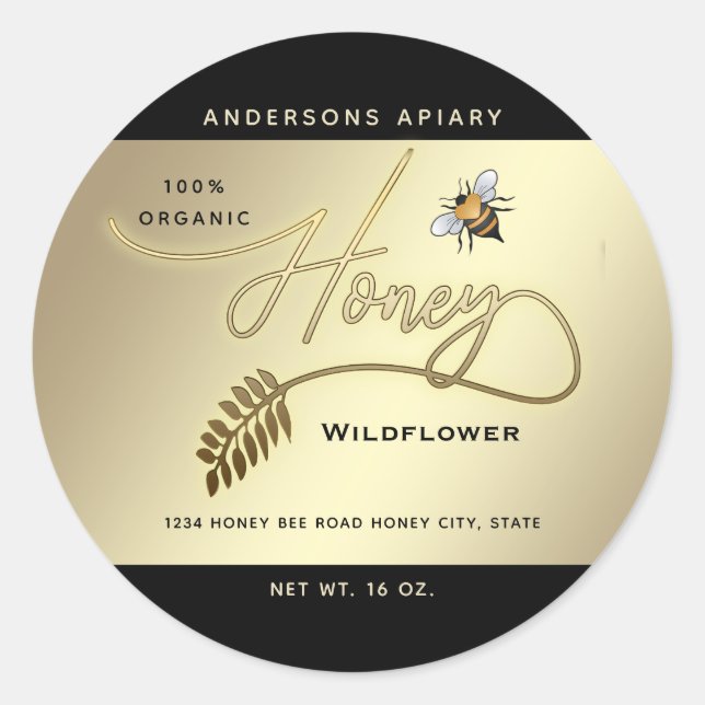 Minimalist Modern gold honey branch bee  jar   Classic Round Sticker (Front)