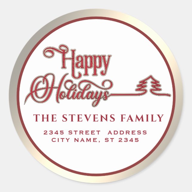 Minimalist modern gold red script Happy Holidays  Classic Round Sticker (Front)