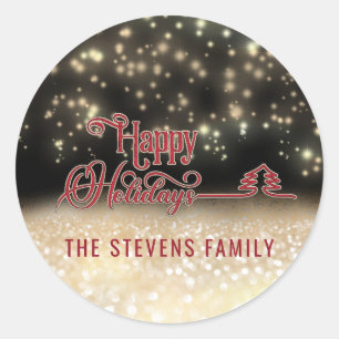 Minimalist modern gold red script Happy Holidays Classic Round Sticker