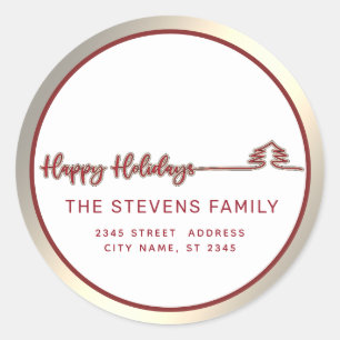Minimalist modern gold red script Happy Holidays Classic Round Sticker