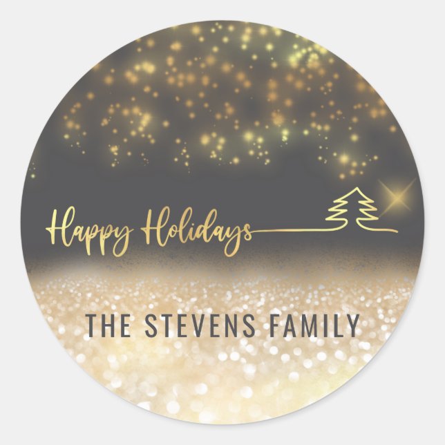 Minimalist modern gold script Happy Holidays  Classic Round Sticker (Front)