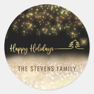 Minimalist modern gold script Happy Holidays Classic Round Sticker