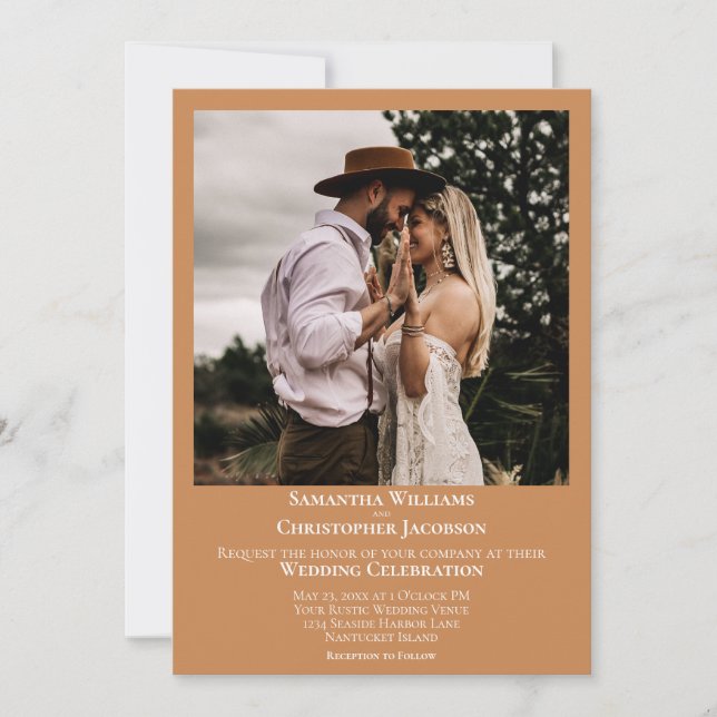Minimalist Modern Golden Tan Photo Wedding Invitation (Front)
