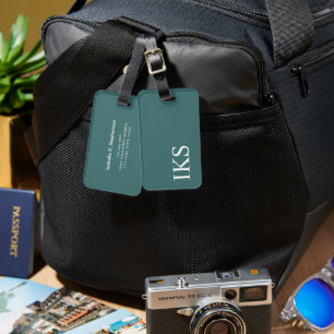 Minimalist Modern Green and White Monogram  Luggage Tag