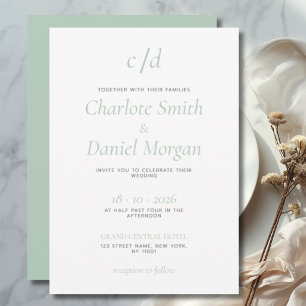 Minimalist modern green white wedding invitation