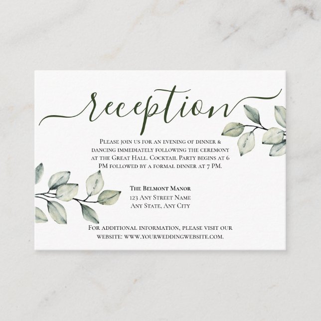 Minimalist Modern Green + White Wedding Reception Enclosure Card (Front)