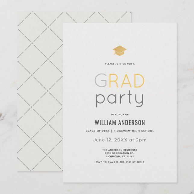 Minimalist Modern Grey Gold Graduation Party Invitation (Front/Back)