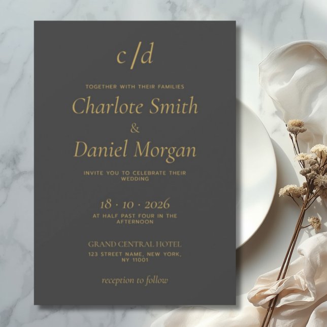 Minimalist modern grey gold wedding invitation (Creator Uploaded)