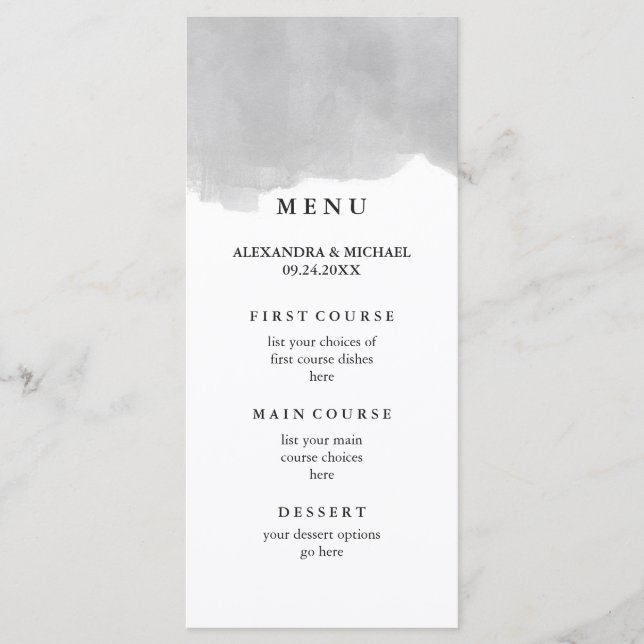 Minimalist Modern Grey Watercolor Wedding Menu (Front)