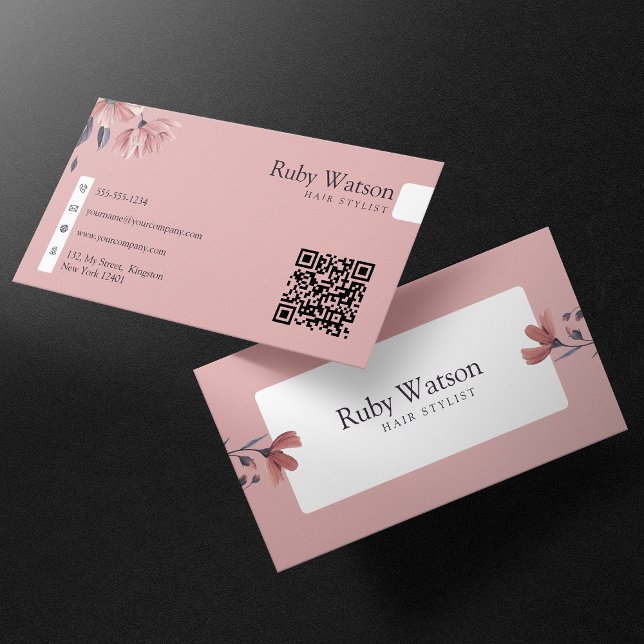 Minimalist Modern Hairstylist Pink Floral QR Code Business Card (Creator Uploaded)