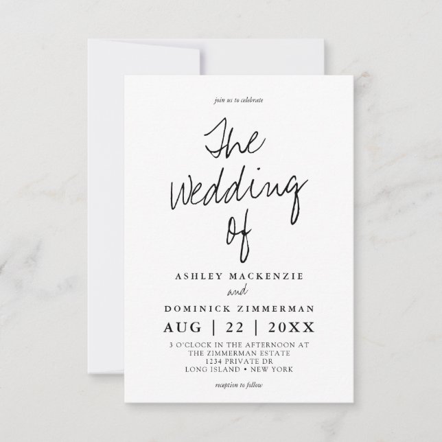 Minimalist Modern Hand Script Simple Wedding Invitation (Front)