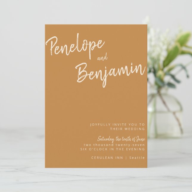 Minimalist Modern Handwriting Mustard Boho Wedding Invitation (Standing Front)