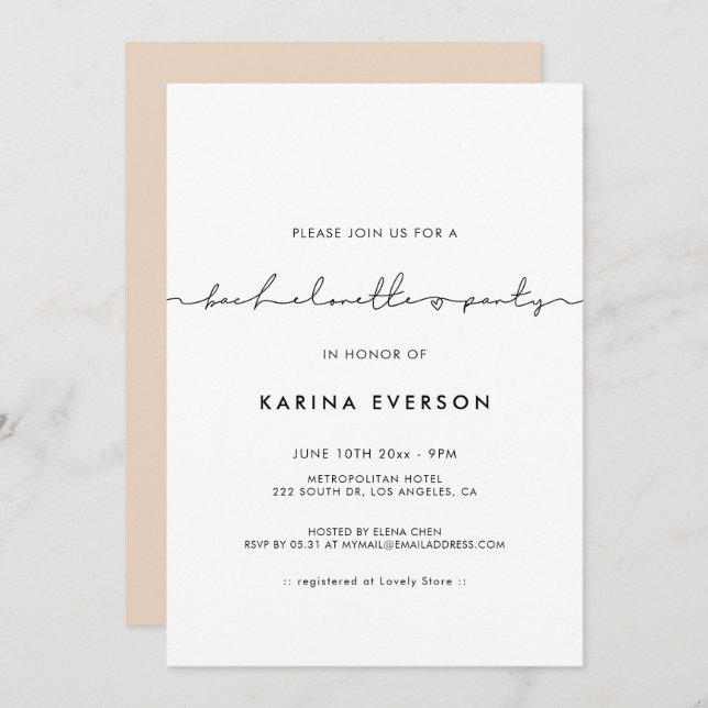 Minimalist modern handwritten Bachelorette Party Invitation (Front/Back)