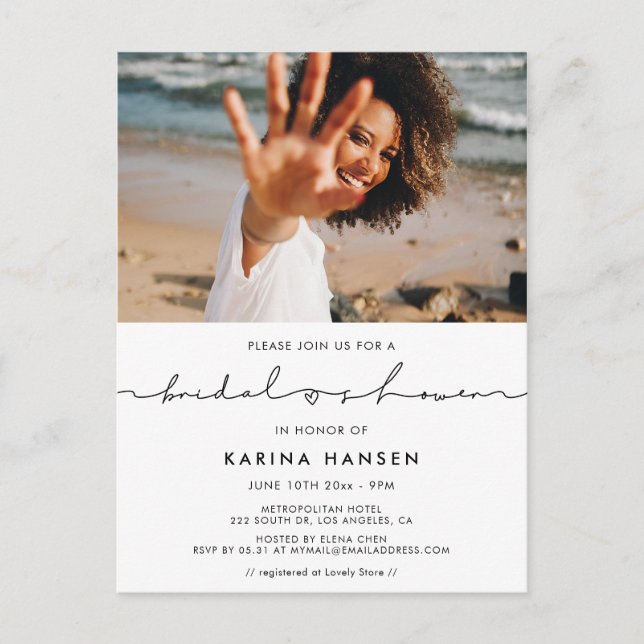 Minimalist modern handwritten bridal shower photo postcard (Front)