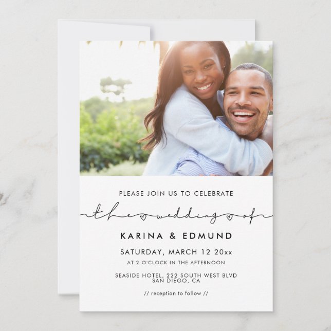 Minimalist modern handwritten wedding photo invitation (Front)