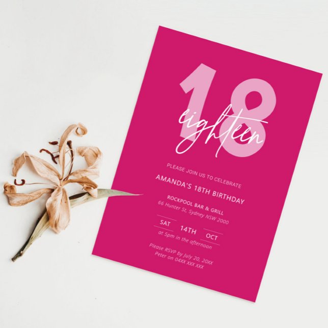 Minimalist Modern Hot Pink 18th Birthday Party Invitation (Creator Uploaded)