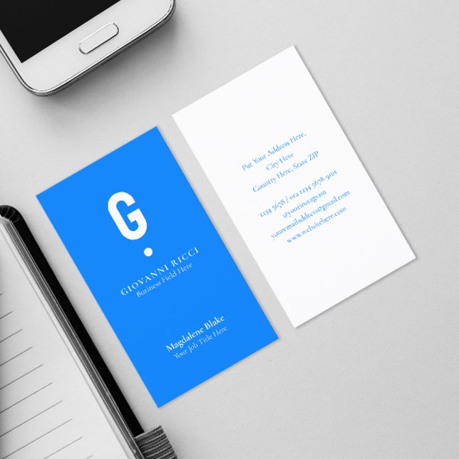 Minimalist Modern Initial on Azure Blue Business Card (Creator Uploaded)