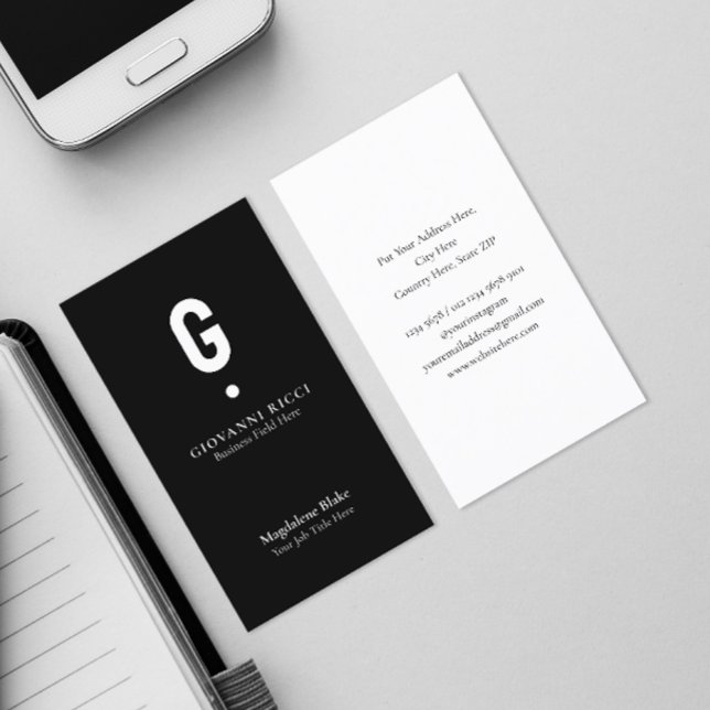 Minimalist Modern Initial on Black Business Card (Creator Uploaded)