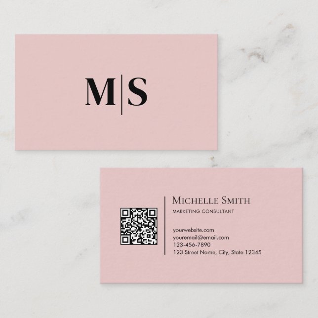 Minimalist Modern Initials QRCode Black on Pink Business Card (Front/Back)