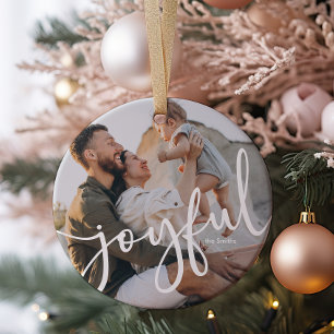 Minimalist Modern Joyful Script 1 Photo Ceramic Tree Decoration