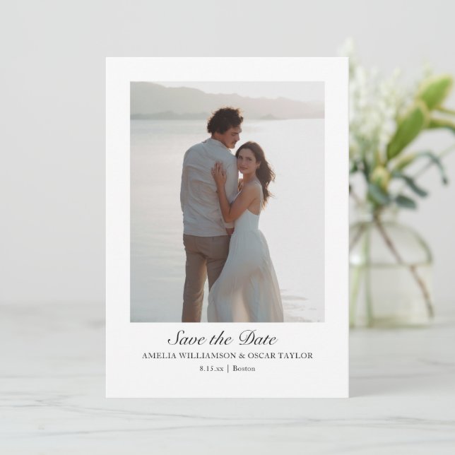 Minimalist Modern Large Photo Classic Script Save The Date (Standing Front)