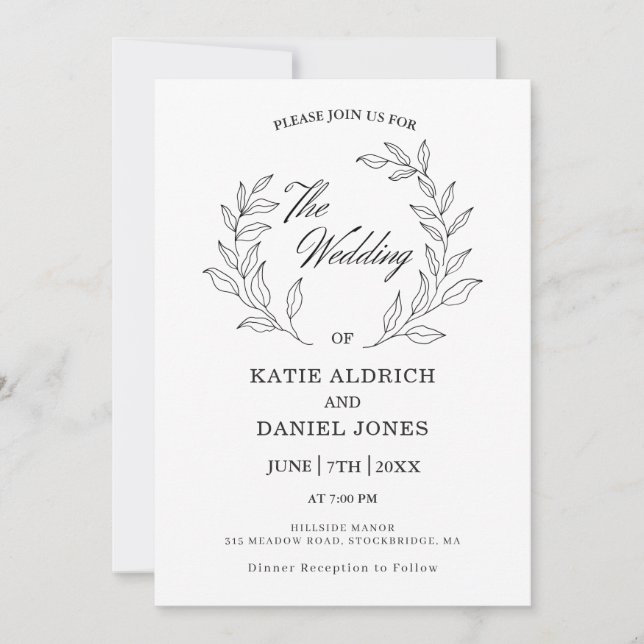 Minimalist Modern Leaves Black White Wedding  Invitation (Front)