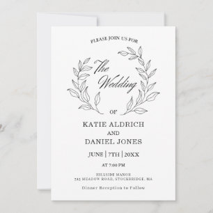 Minimalist Modern Leaves Black White Wedding Invitation